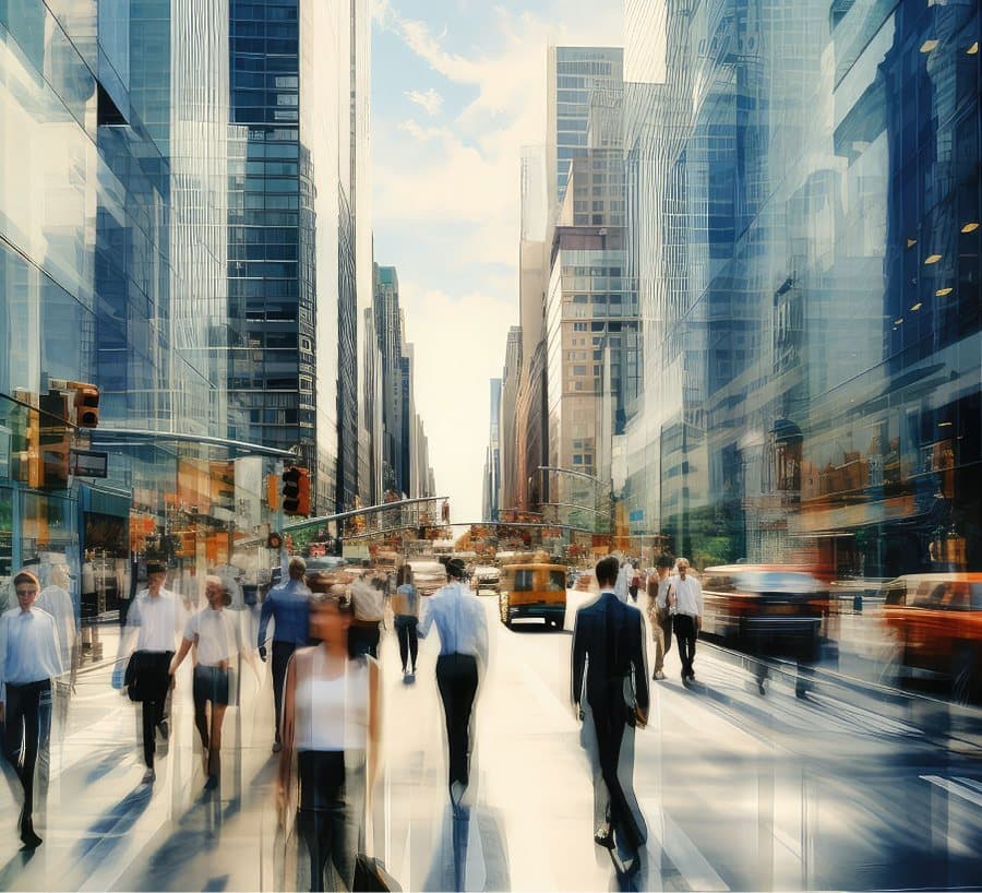 A busy downtown avenue lined with glass towers, people walking and taxis moving through the city.