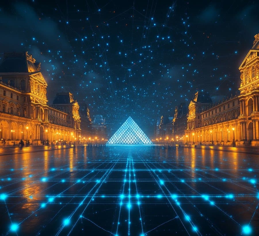 The Louvre courtyard at night with its glass pyramid and a glowing digital grid across the square.