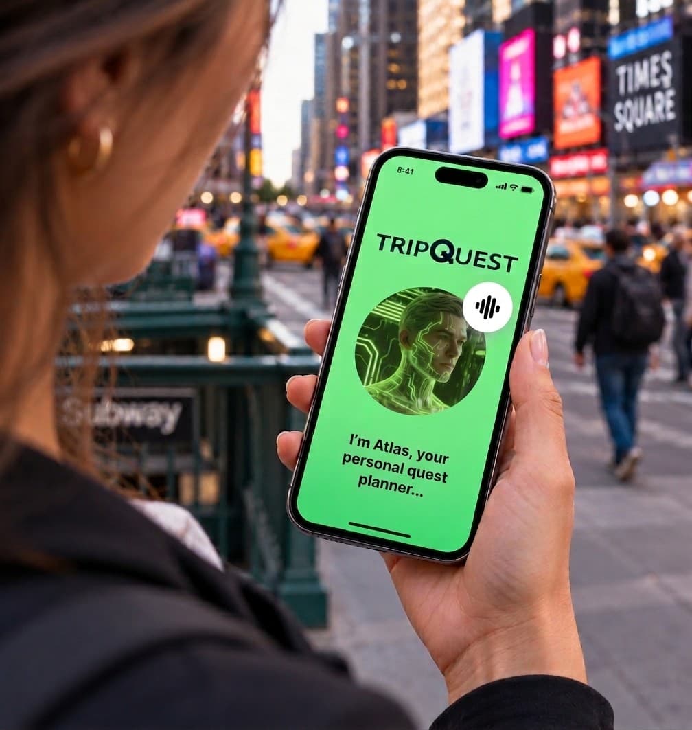 A traveller in Times Square holding up her phone, where the TripQuest companion introduces itself as Atlas, her personal quest planner.