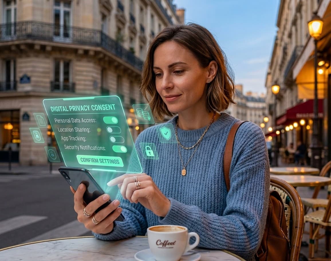A traveller at a city cafe reviewing a digital privacy consent panel, choosing what data and location access to share before a checkpoint is verified.