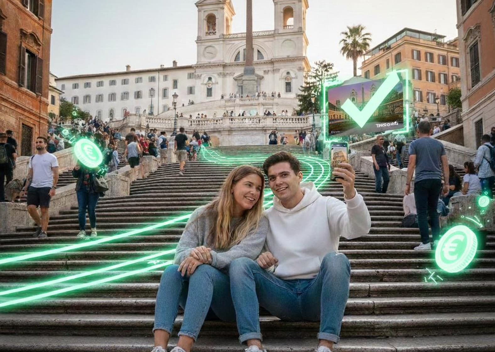 Two explorers celebrating with a selfie on historic city steps as a verification checkmark and reward coins appear in augmented reality.