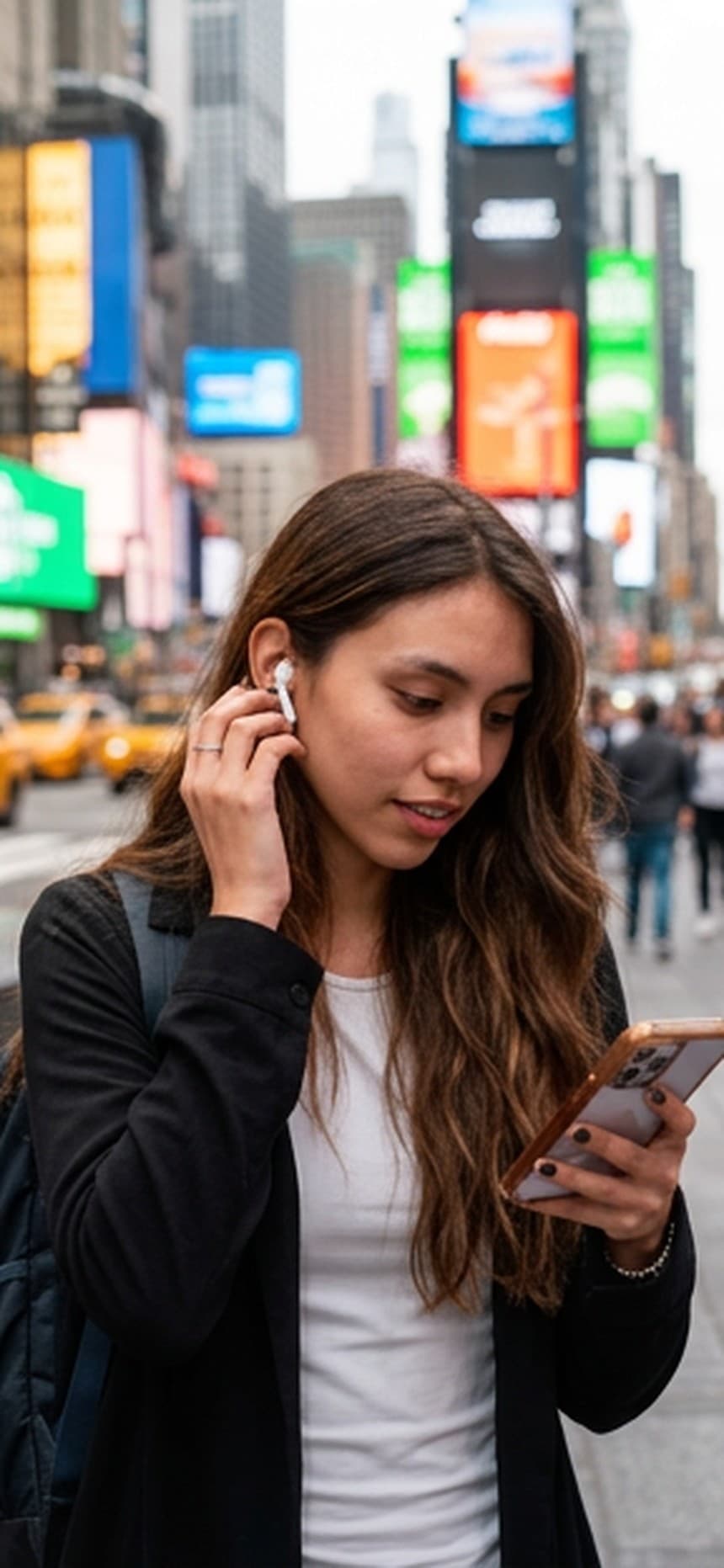 A traveller in Times Square checking the TripQuest app on her phone while wearing wireless earbuds.