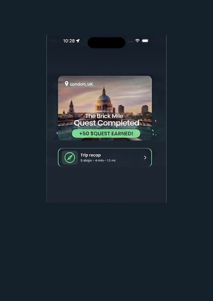 Two explorers overlooking a city at golden hour as a reward card appears in augmented reality.
