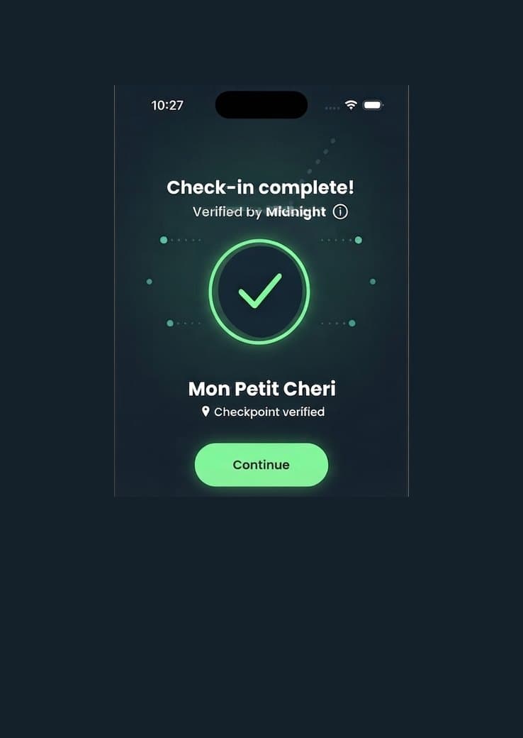 Close-up of the TripQuest app confirming a checkpoint on a phone screen.