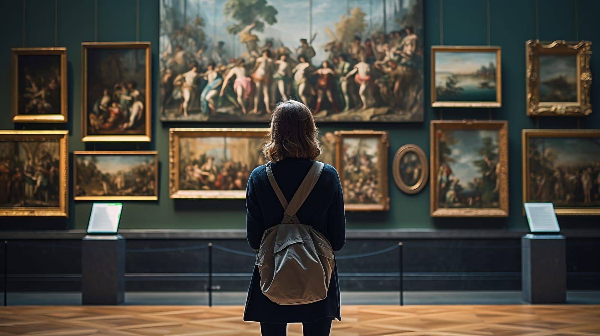 A visitor with a backpack studying a wall of classical paintings in a museum gallery.