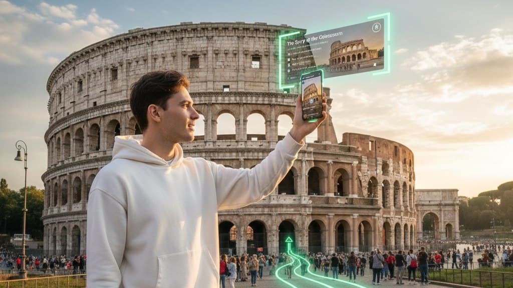 Traveler at the Colosseum holding up his phone to an augmented reality story panel, with glowing quest trails on the ground