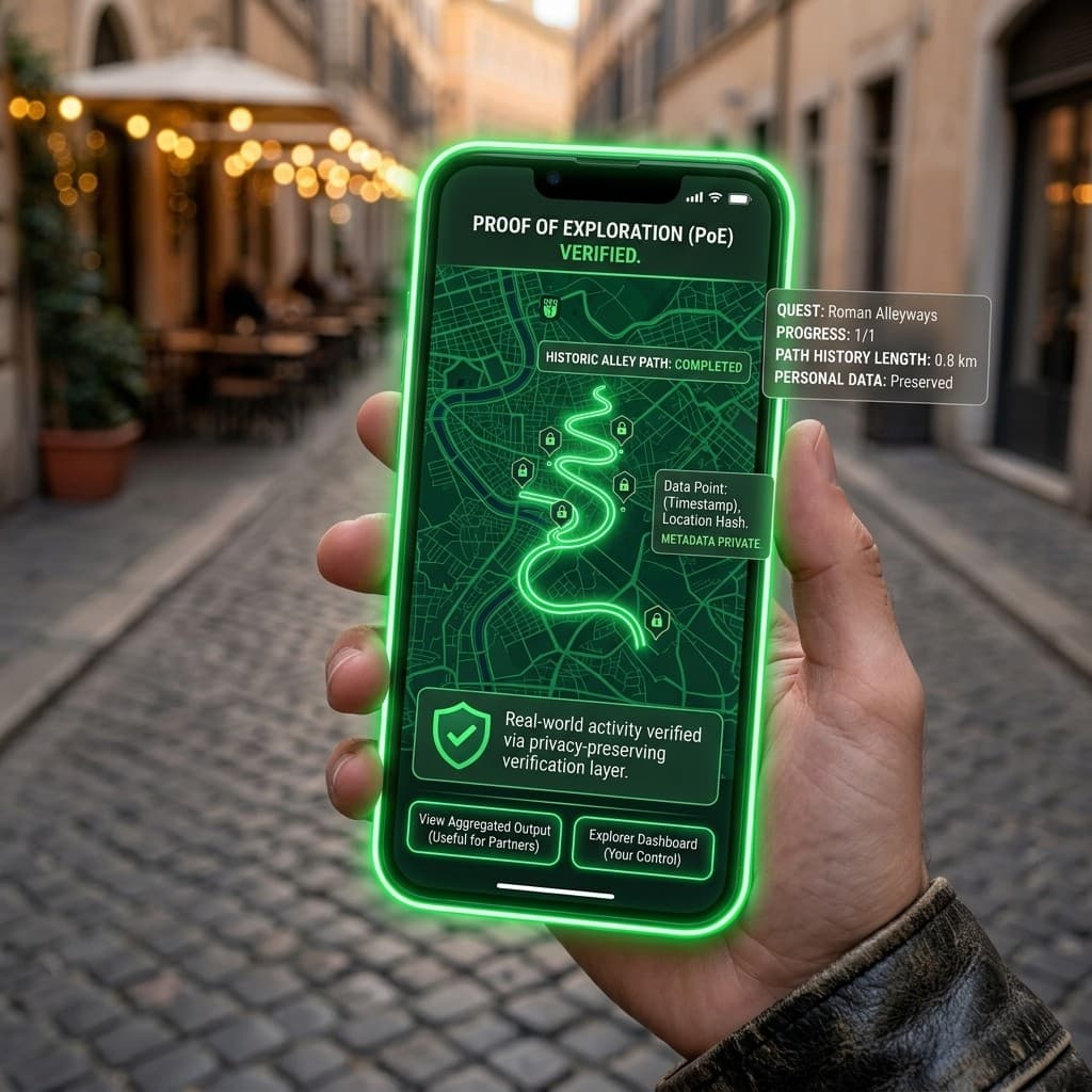 The TripQuest app held up in the same street, showing a completed quest route on a map with the checkpoints verified, the path length recorded, and personal data marked as preserved.