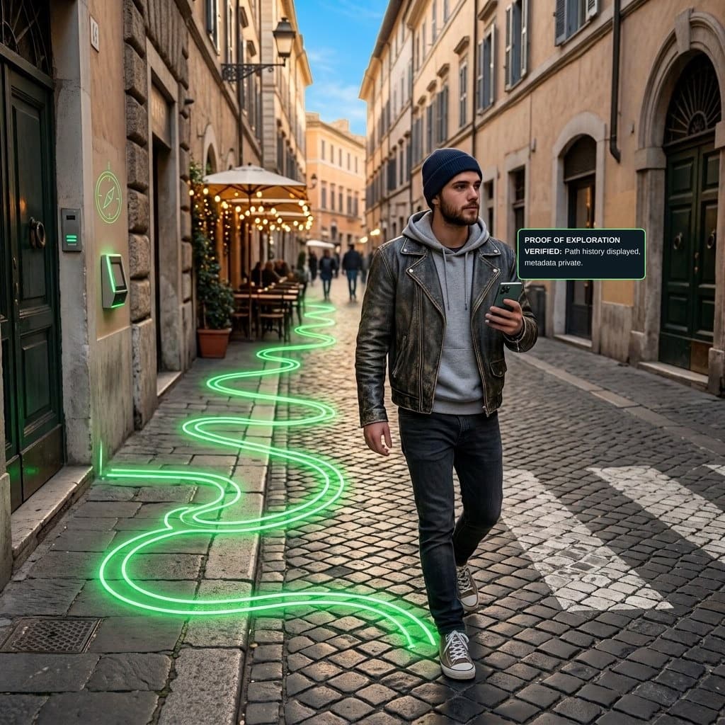 An explorer walking a cobbled European street, the route they have already walked glowing behind them while an on-screen label confirms the path history is verified and its metadata stays private.